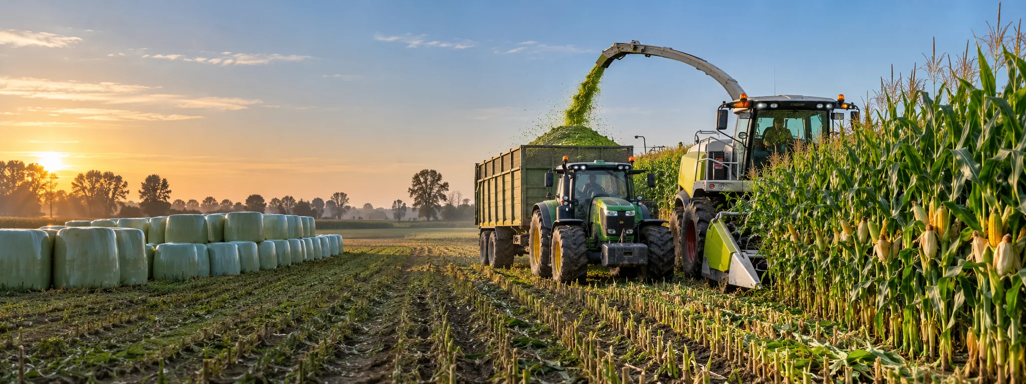 Maize silage harvest with forage harvester, tractor and wrapped bales